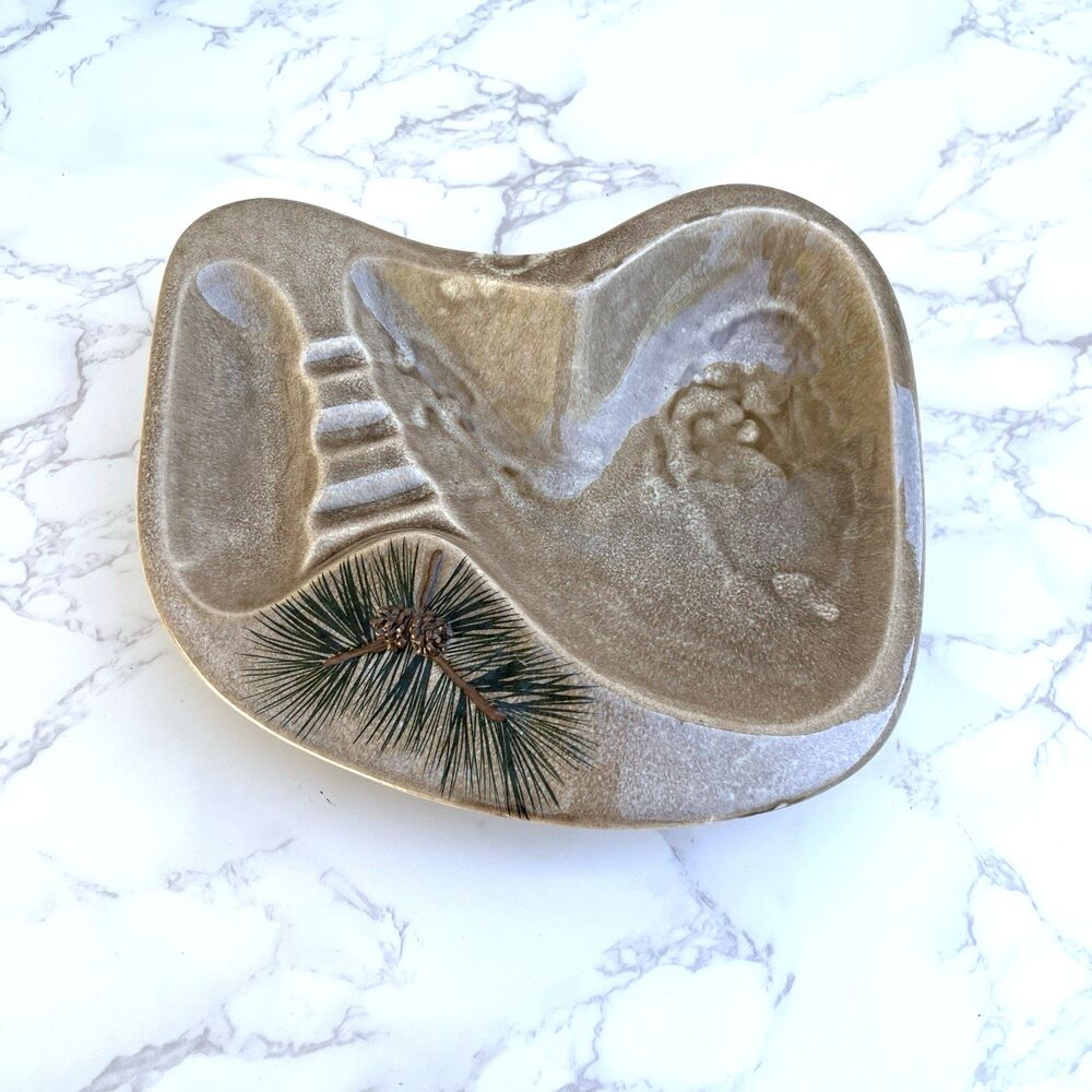 Vintage MCM 3D Raised Pinecone Ceramic Ashtray Signed Gladys Rustic Lodge Decor